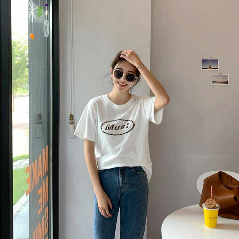 MAYBLUE(メイブルー)レオパードロゴ半袖Tシャツ【10/9up_go】ロゴT　Tシャツ　トップス　ヒョウ柄ロゴ　英字ロゴ　ロゴT【5】