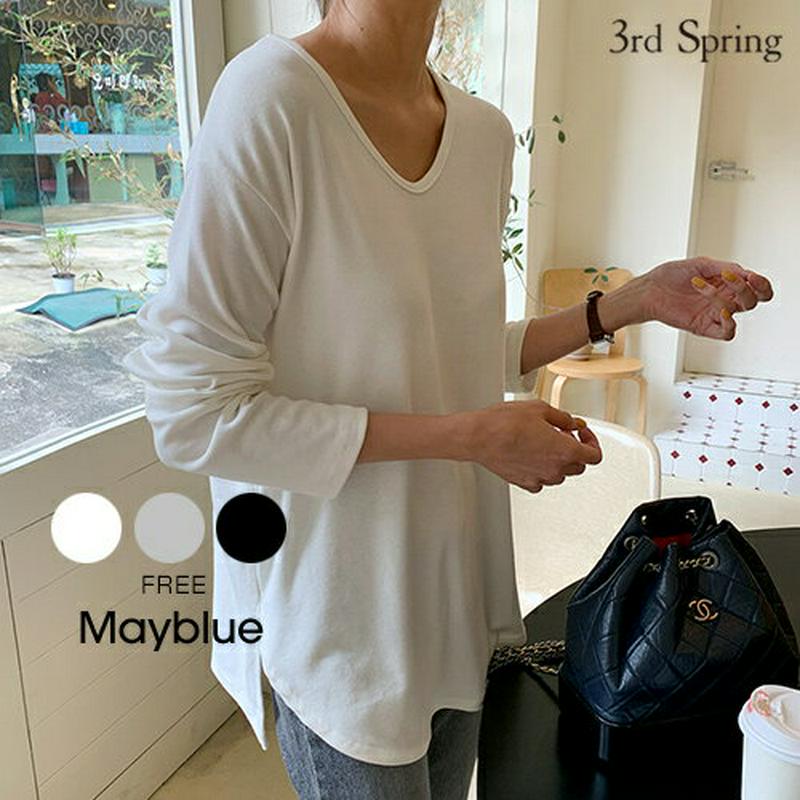 MAYBLUE(メイブルー)アンバランスヘム長袖Tシャツ トップス　Tシャツ　Uネック　サイドスリット　変形　深Uネック【10/12up_chj】【5】
