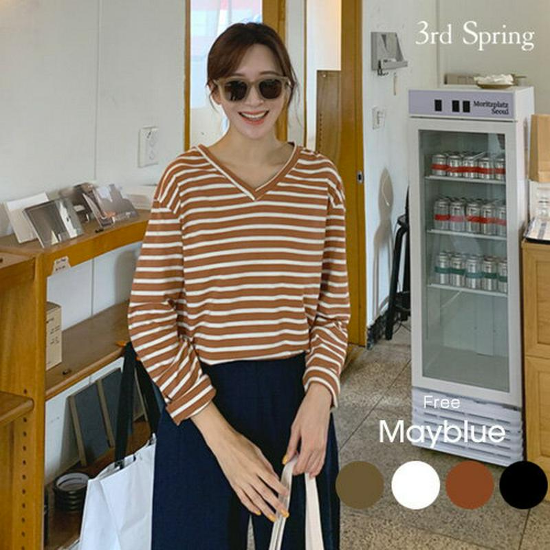 MAYBLUE(メイブルー)ボーダーVネックTシャツ【9/29up_go】Tシャツ　カットソー　Vネック　ボーだー　カットソー　ベーシック　シンプル【5】
