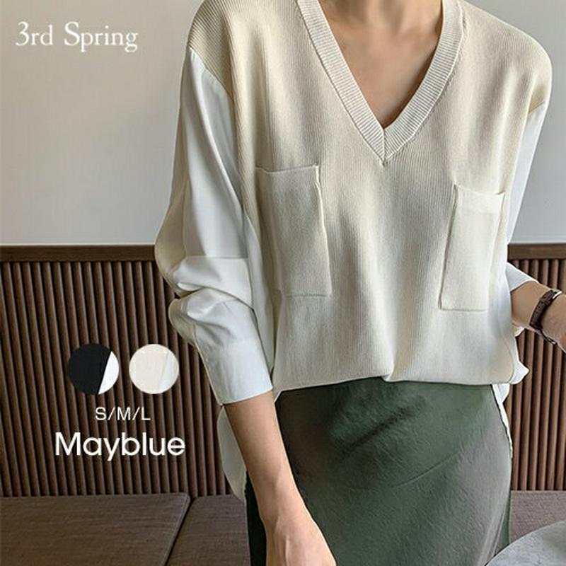 【初売】MAYBLUE(メイブルー)異素材ミックスポケットプルオーバードッキング　カットソー　Vネック　トップス　長袖【9/18up_PSH】【あす楽】