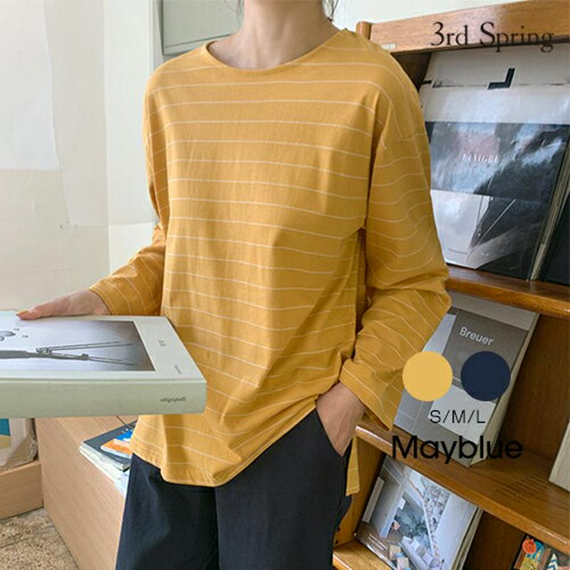 MAYBLUE(メイブルー)スリット入りボーダー柄Tシャツカットソー　ボーダー　ベーシック　シンプル　クルーネック　長袖【9/24up_PSH】【5】