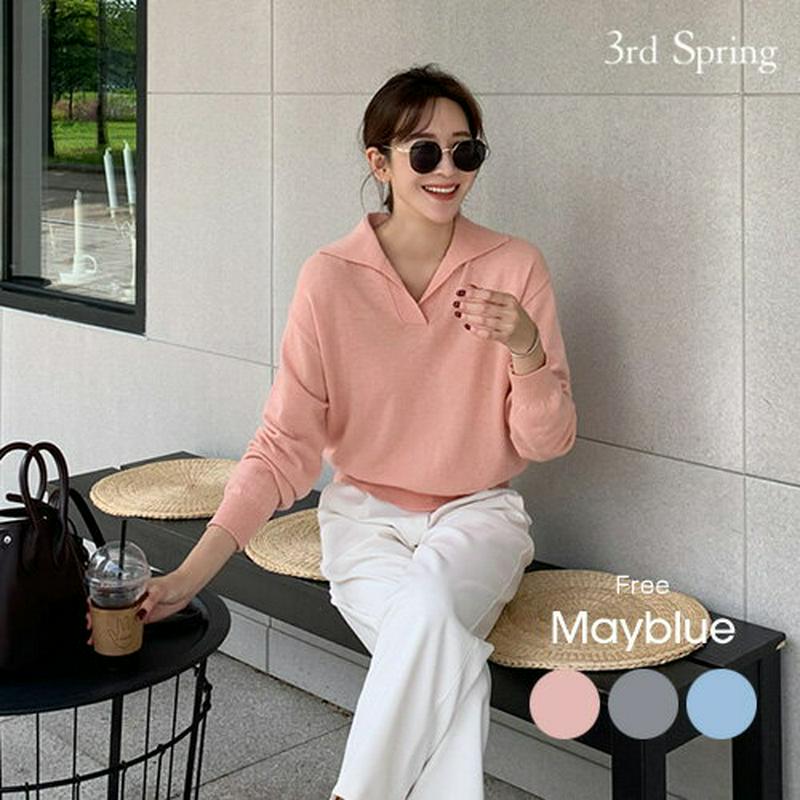 MAYBLUE(メイブルー)スキッパーカラーウール混ニット【10/12up_go】ニットシャツ　薄手ニット　トップス　ニットソー【5】