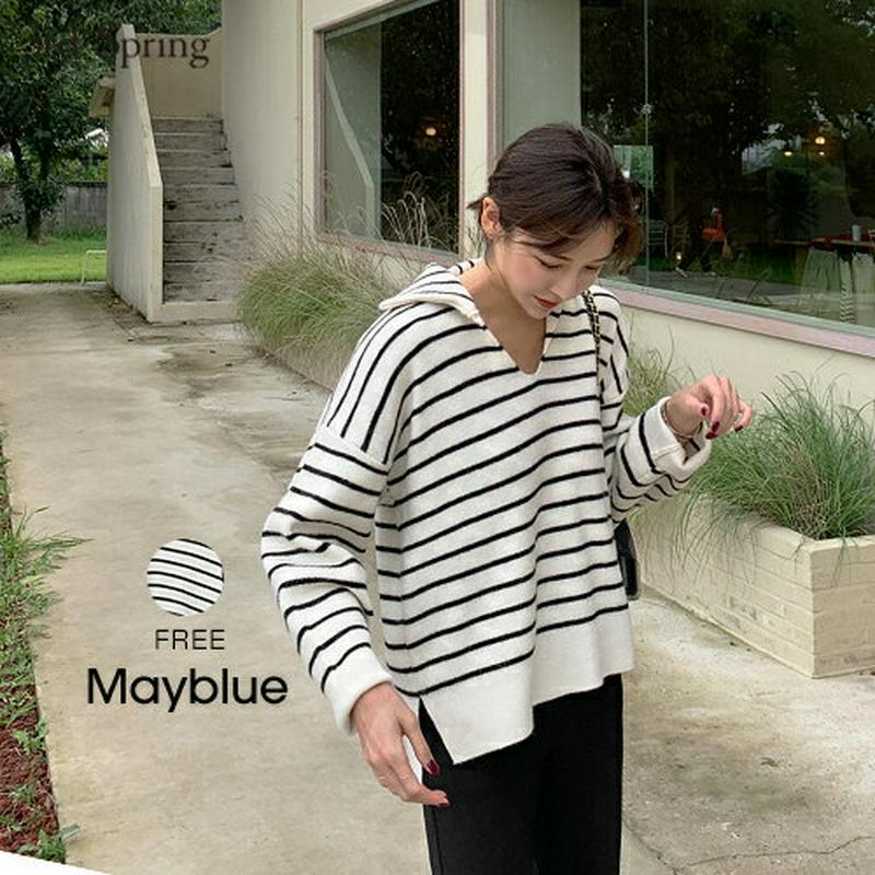 MAYBLUE(メイブルー)ボーダースキッパーカラーニット ボーダー　フード付き　Vネックパーカー　フーディー　ベーシック　ニット　トップス　長袖【10/12up_chj】【5】