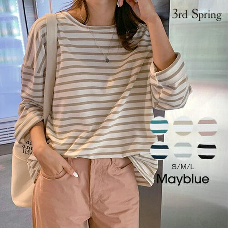 MAYBLUE(メイブルー)ボーダー柄ドロショルTシャツ【9/2up_PSH】ボーダー　カットソー　ゆるカットソー　ビッグサイズ　ベーシック【5】
