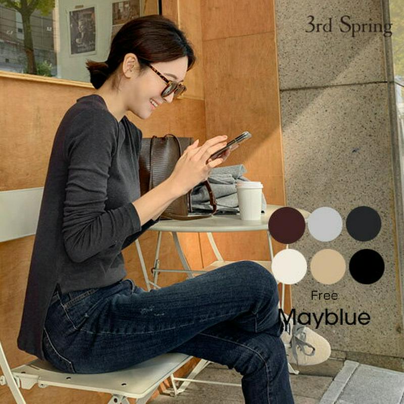 mayblue(メイブルー）ウール混カットソー 韓国 韓国ファッション カットソー Tシャツ ロンT レイヤード ストレッチ トップス クルーネックレディース ファッション【あす楽】※メール便不可