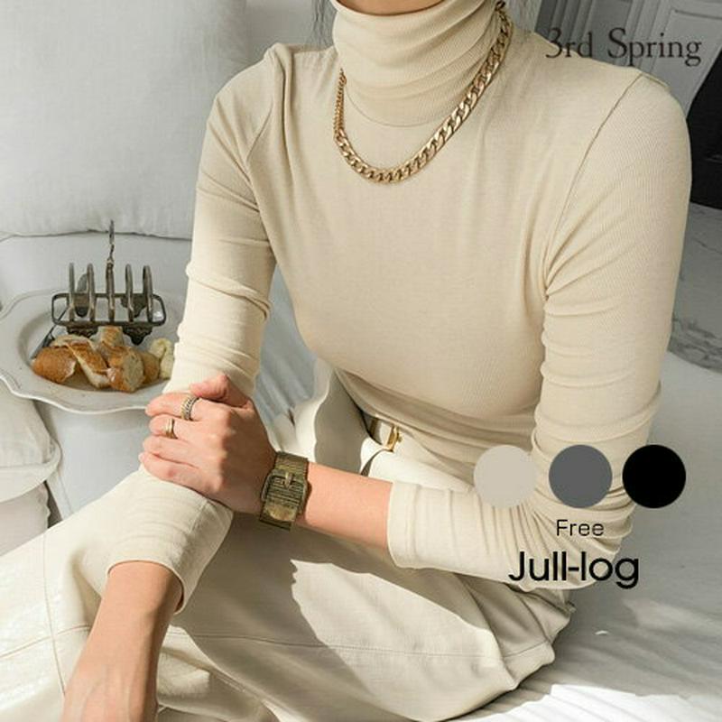 JULL-LOG(ジュローグ)タートルネックリブT【10/29up_go】韓国 韓国ファッション　ハイネック　カットソー　リブ編み　タートルネック　トップス　冬　オフィスカジュアル　通勤　リブT　ナンニング レディース【5】※メール便不可
