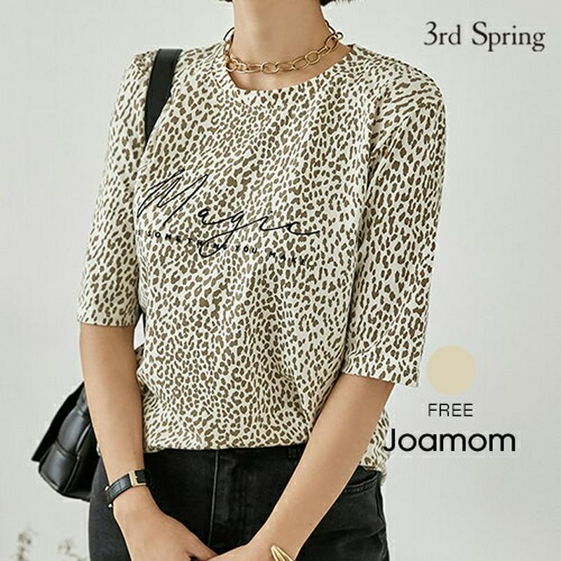 JOAMOM(ジョアマム)レオパード柄メッセージプリントクルーネックTシャツ【9/8up_go】【メール便】韓国 韓国ファッション　トップス Tシャツ 柄 プリント クルーネック ゆったり 5分袖レディース ファッション【予】