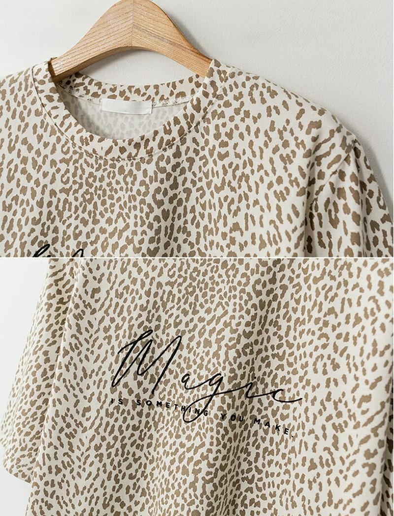 JOAMOM(ジョアマム)レオパード柄メッセージプリントクルーネックTシャツ【9/8up_go】【メール便】韓国 韓国ファッション　トップス Tシャツ 柄 プリント クルーネック ゆったり 5分袖レディース ファッション【予】