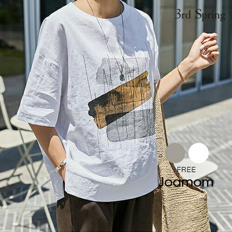 JOAMOM(ジョアマム)BIGシルエットリネンTシャツ【8/5up_go】【メール便】韓国 韓国ファッション　トップス Tシャツ BIG プリント リネン ルーズレディース ファッション【予】