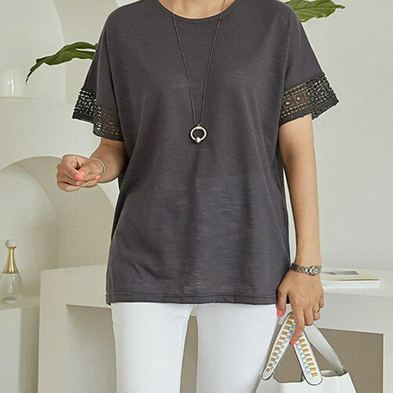 JOAMOM(ジョアマム)袖パンチングtシャツ【メール便】韓国 韓国ファッション トップス tシャツ 半袖 夏 レース 無地 シンプル ゆったり ママ ママコーデ レディース ファッション【即納】 ★