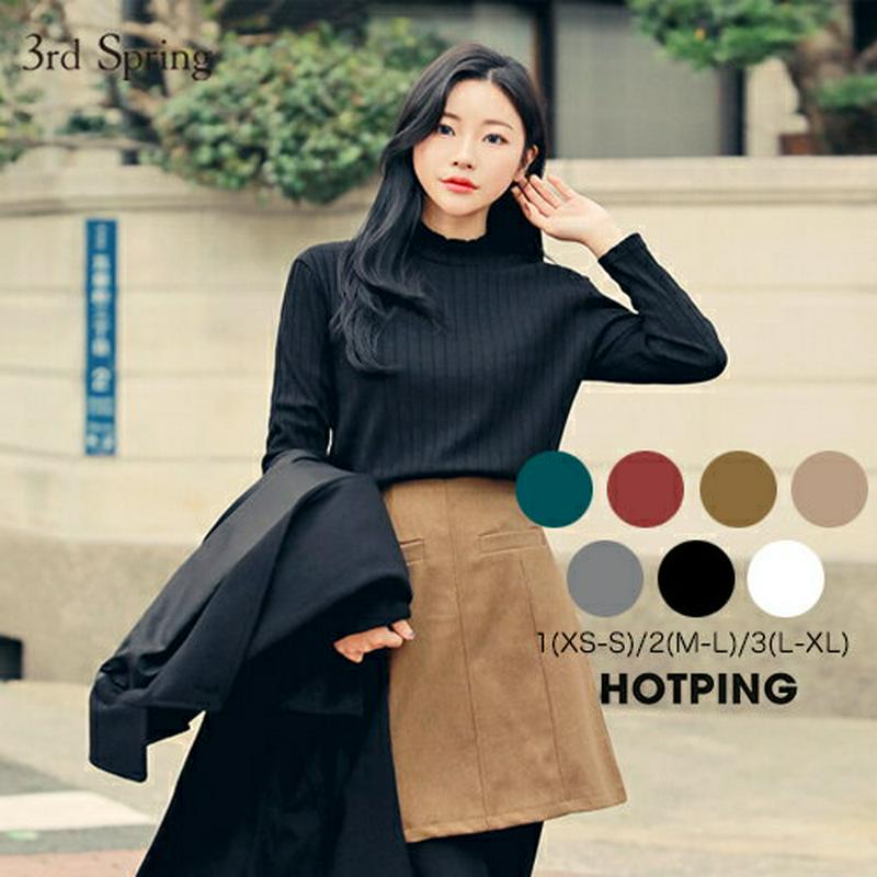 HOTPING(ホッピン)ハーフネックリブTシャツ【11/6up_ka】 ボトルネック ニット ハイネック 長袖 グリーン マスタード ベージュ ブラック ワイン チャコール 【5】