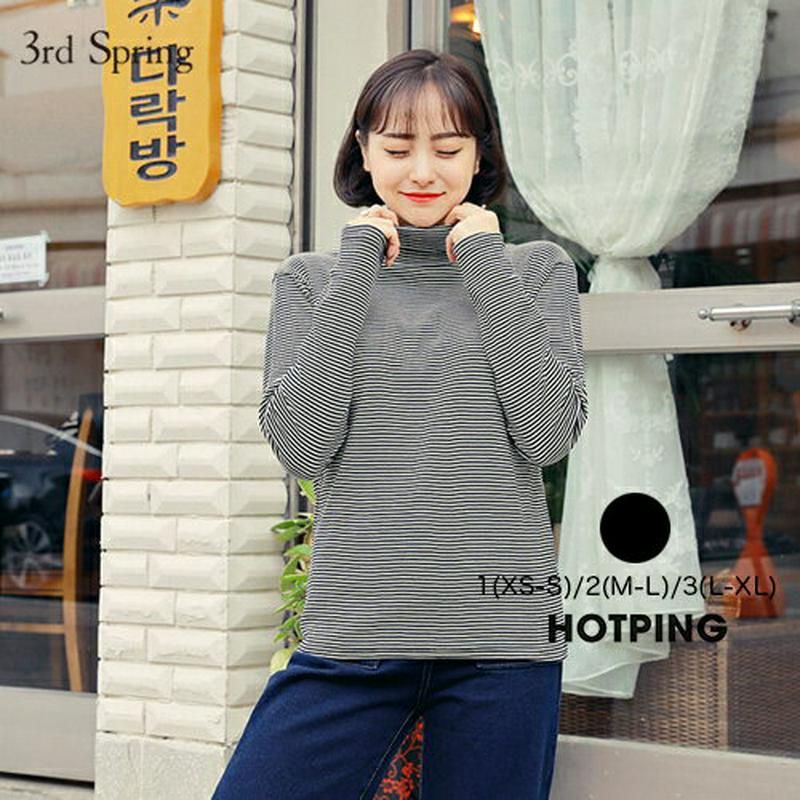 HOTPING(ホッピン)タートルネックボーダーTシャツ【10/16up_ka】 Tシャツ T ボーダー ハイネック タートルネック ブラック 【5】
