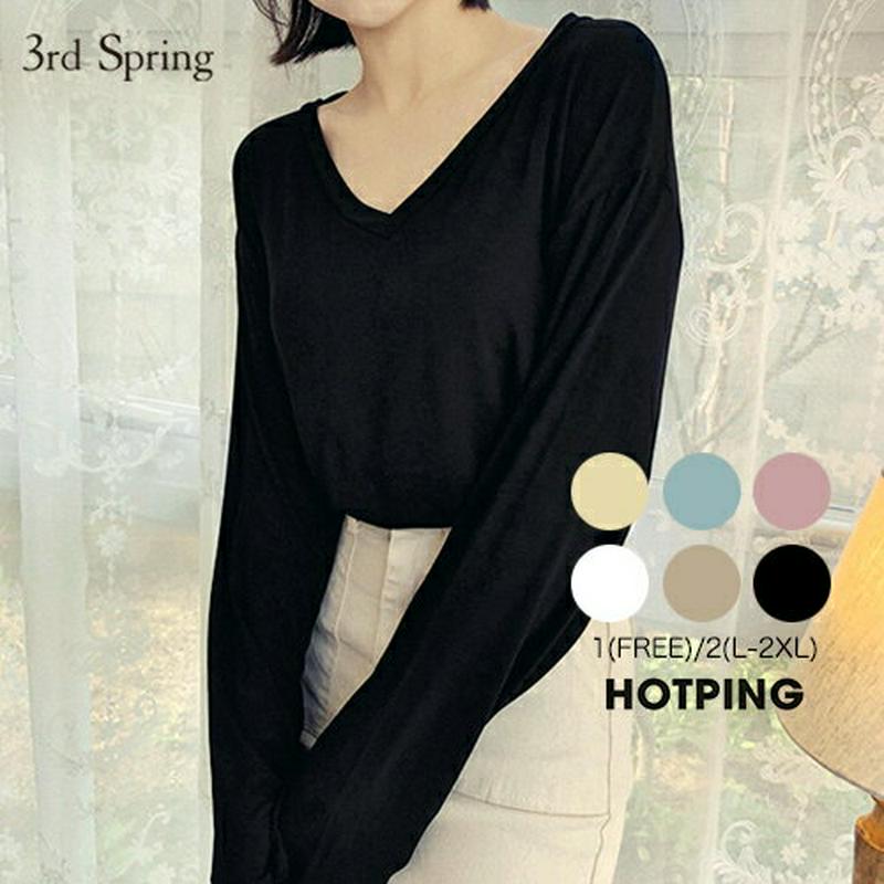 HOTPING(ホッピン)レーヨン混VネックTシャツ【10/16up_ka】 トップス T Tシャツ 長袖 レーヨン ホワイト ベージュ ブラック 【5】
