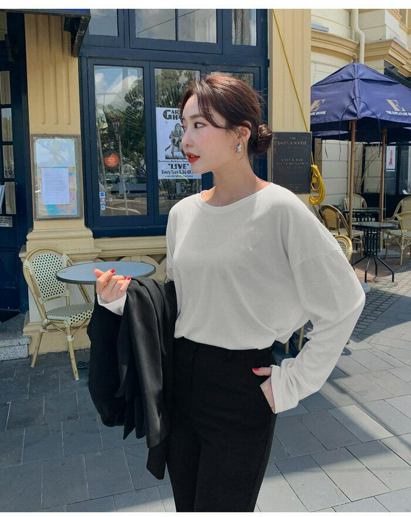 HOTPING(ホッピン)サイドスリット無地ロングTシャツ【10/16up_ka】 長袖 Tシャツ ブラック アイボリー ピンク イエロー 【5】