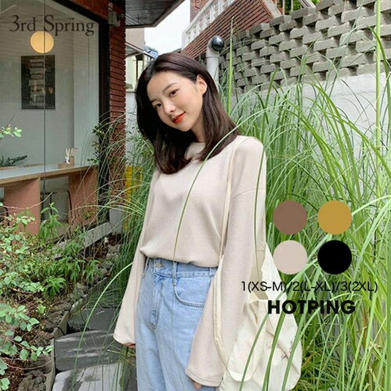 HOTPING(ホッピン)ドロップショルダーロングTシャツ【10/9up_ka】 ブラウン ブラック マスタード ライトベージュ T 長袖 ラウンドネック レーヨン 無地【5】