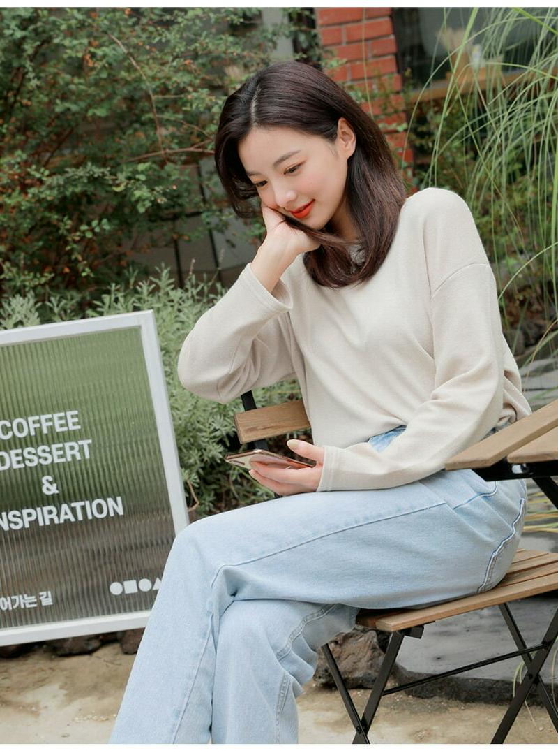 HOTPING(ホッピン)ドロップショルダーロングTシャツ【10/9up_ka】 ブラウン ブラック マスタード ライトベージュ T 長袖 ラウンドネック レーヨン 無地【5】