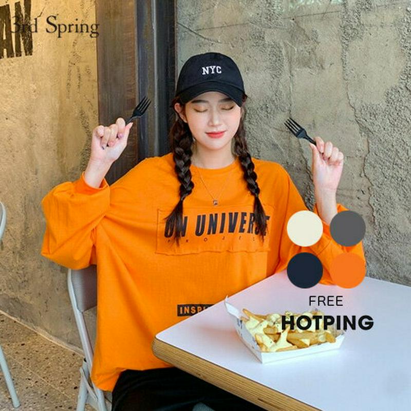 HOTPING(ホッピン)レタリングルーズロングTシャツ【9/23up_ka】 スウェット プリント プリントT バルーンスリーブ ラウンドネック コットンT オーバーサイズ ブラック オレンジ アイボリー グレー【5】
