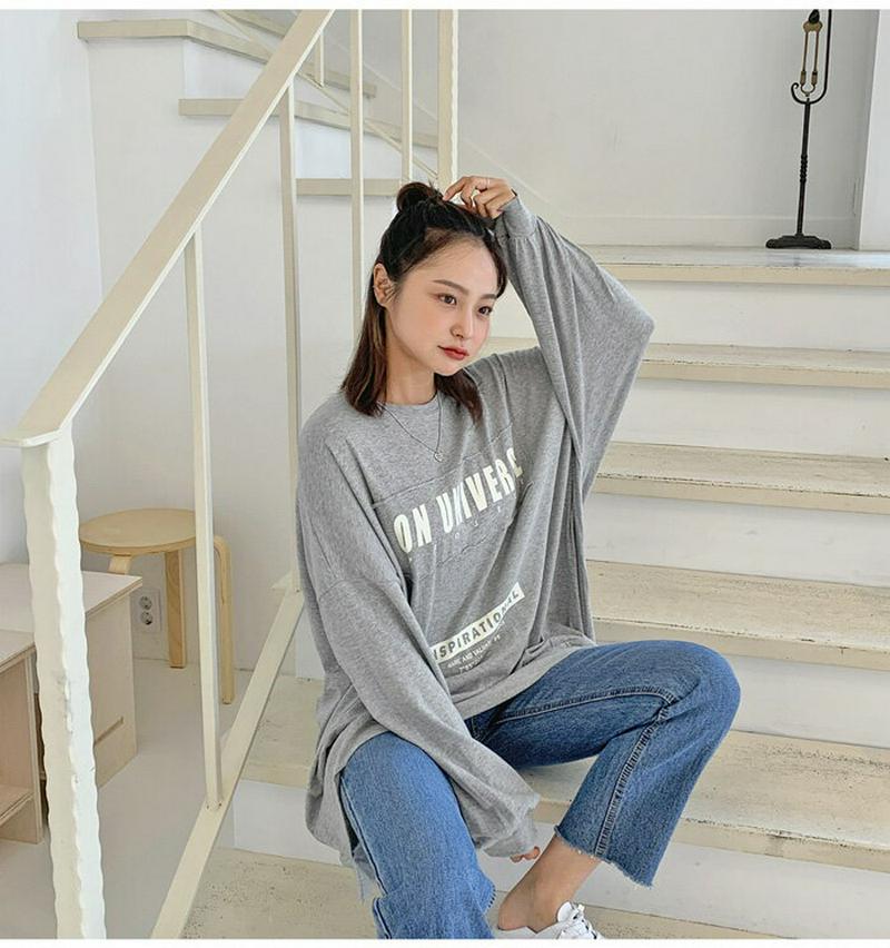 HOTPING(ホッピン)レタリングルーズロングTシャツ【9/23up_ka】 スウェット プリント プリントT バルーンスリーブ ラウンドネック コットンT オーバーサイズ ブラック オレンジ アイボリー グレー【5】