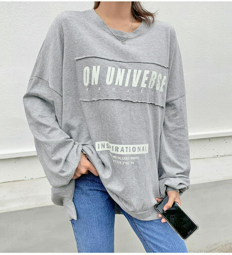HOTPING(ホッピン)レタリングルーズロングTシャツ【9/23up_ka】 スウェット プリント プリントT バルーンスリーブ ラウンドネック コットンT オーバーサイズ ブラック オレンジ アイボリー グレー【5】
