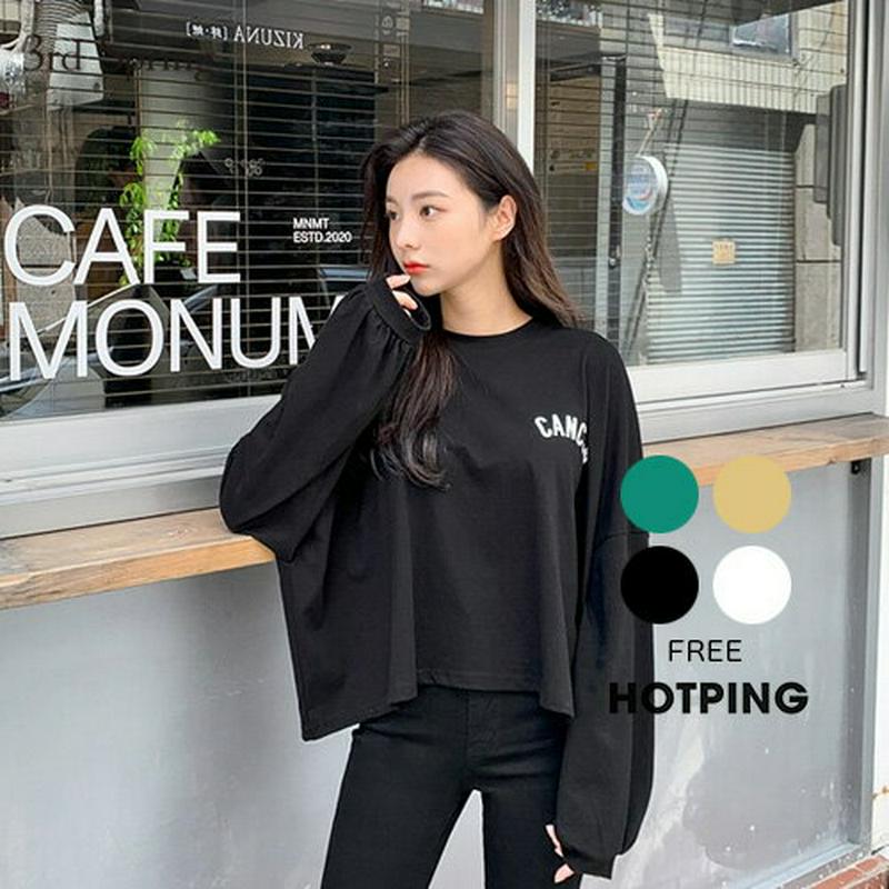 HOTPING(ホッピン)レタリングクロップドロングTシャツ 長袖 スウェード トレーナー T Tシャツ クロップドT バルーンスリーブ ブラック グリーン ホワイト イエロー プリント【9/10up_ka】【あす楽】