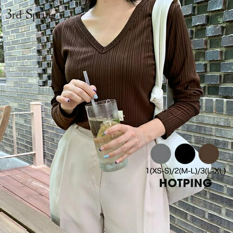 【SALE】HOTPING(ホッピン)Vネックスリムリブtシャツ【9/3up_ka】 Vネック ブラウン ブラック チャコール リブT tシャツ 長袖 Vネック