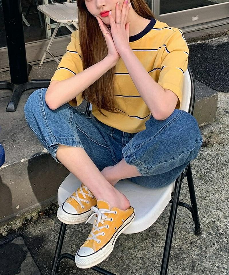 HOTPING(ホッピン)配色ボーダールーズTシャツ 【メール便】Tシャツ T 半袖 ボーダーT ブルー イエロー インディピンク アイボリー 配色 ボーダー【即納】★