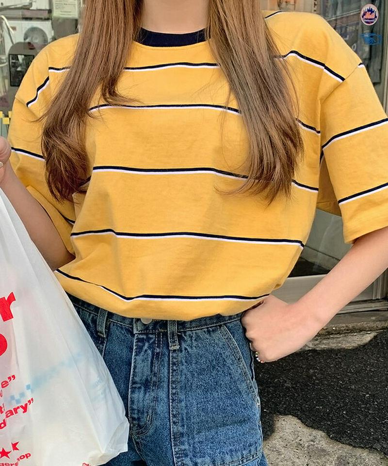 HOTPING(ホッピン)配色ボーダールーズTシャツ 【メール便】Tシャツ T 半袖 ボーダーT ブルー イエロー インディピンク アイボリー 配色 ボーダー【即納】★