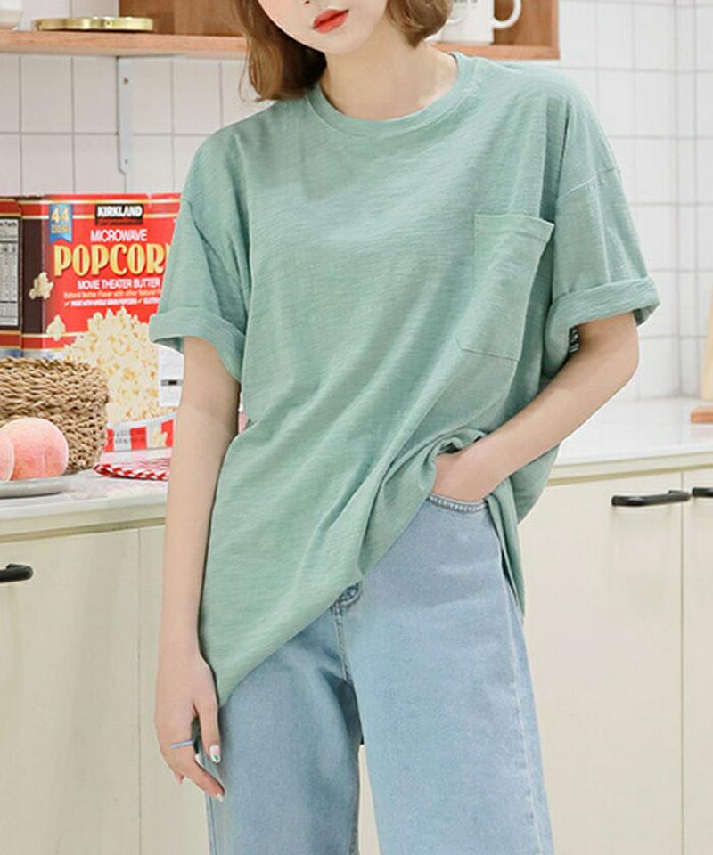 HOTPING(ホッピン)8ColorsワンポケットスラブTシャツ 【メール便】 T Tシャツ 半袖 ビッグ ポケット オーバーサイズ マスタード レッド ミント ベージュ ブラック ホワイト チャコール ブルー 【即納】【メール便】★