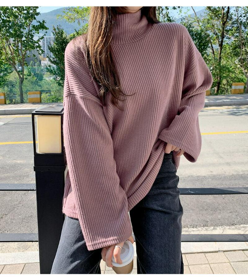 HOTPING(ホッピン)ハイネックロングTシャツ【11/5up_ka】 ニット ルーズ T タートルネック Tシャツ リブT 長袖 ブラウン アイボリー ピンク 【5】