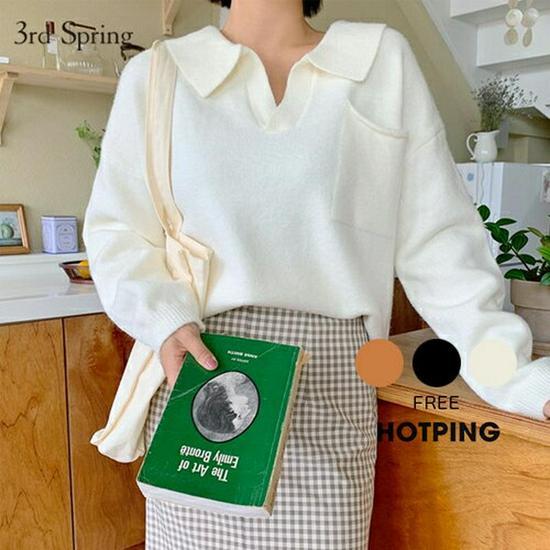 HOTPING(ホッピン)ハーフオープンカラーニット【10/7up_ka】 ルーズ T Tシャツ オープンカラー スキッパネック オレンジ アイボリー ブラック【5】