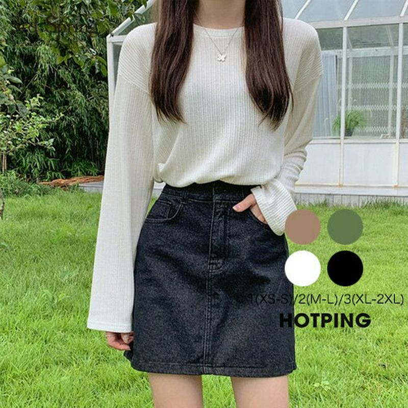HOTPING(ホッピン)スリットヘムロングTシャツ【10/1up_ka】 ニットT ニット リブ Tシャツ 長袖 ストレッチ ラウンドネック アイボリーグリーン ブラウン アイボリー ブラック【5】