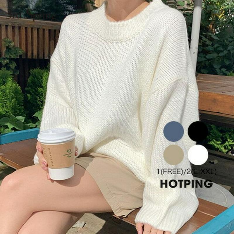 HOTPING(ホッピン)ルーズフィットニットプルオーバー【10/2up_ka】 ニット ラウンドネック ルーズフィット ニットプルオーバー ドロップショルダー ホワイト ブラック ミント ベージュ ライトティール【5】