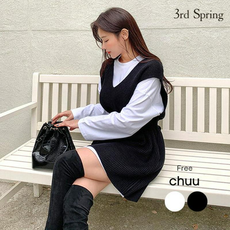 CHUU(チュー)サイドスリットビッグT【11/9up_go】【メール便】韓国 韓国ファッション　Tシャツ　トップス　長袖　ベーシック　シンプル　ロンTレディース ファッション【10】