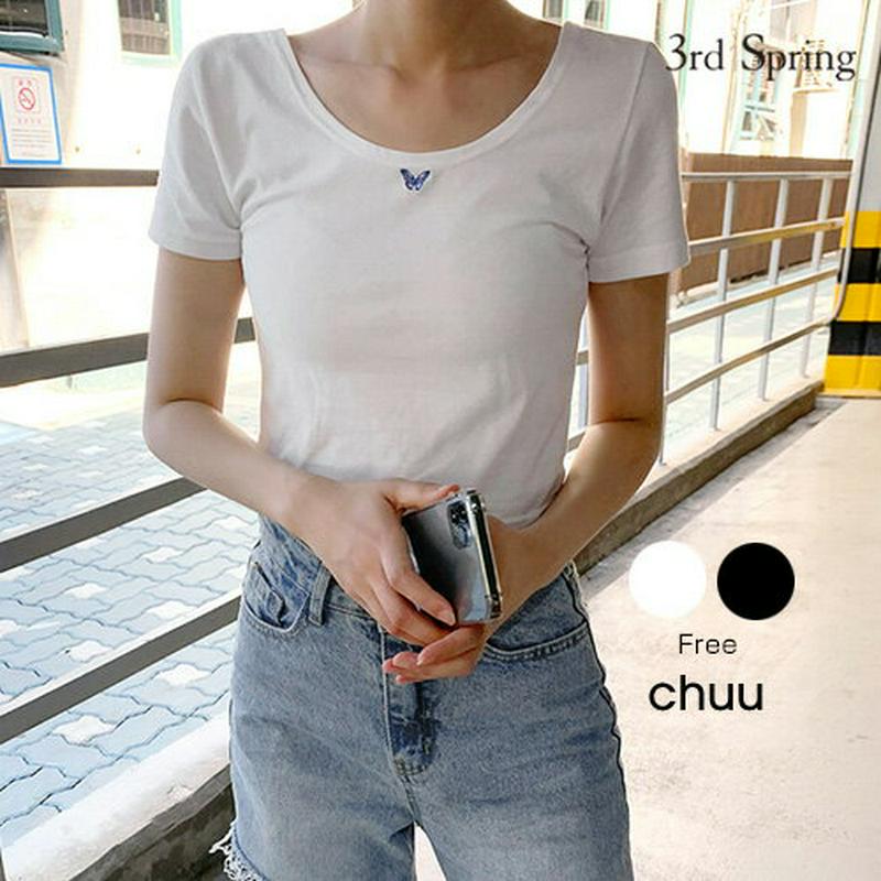 CHUU(チュー)バタフライちびTシャツ【6/26up_go】【メール便】韓国 韓国ファッション　Tシャツ　刺繍ポイント　蝶　ちょうちょ　ワンポイント　ちびT　クルーネックレディース ファッション【即納】 ☆