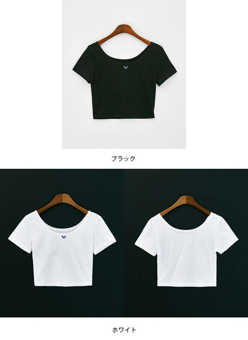 CHUU(チュー)バタフライちびTシャツ【6/26up_go】【メール便】韓国 韓国ファッション　Tシャツ　刺繍ポイント　蝶　ちょうちょ　ワンポイント　ちびT　クルーネックレディース ファッション【即納】 ☆