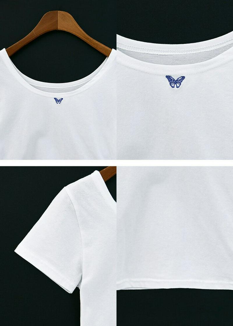CHUU(チュー)バタフライちびTシャツ【6/26up_go】【メール便】韓国 韓国ファッション　Tシャツ　刺繍ポイント　蝶　ちょうちょ　ワンポイント　ちびT　クルーネックレディース ファッション【即納】 ☆