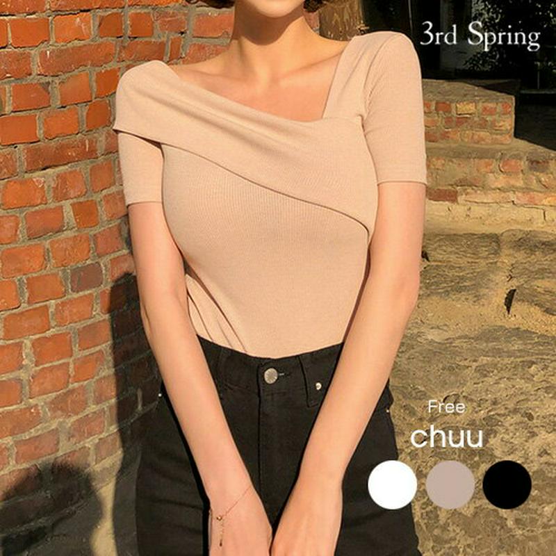 CHUU(チュー)サイドラップスリムTシャツ 【メール便】韓国 韓国ファッション Tシャツ トップス 半袖 キャップスリーブ レディース ファッション【即納】 ★