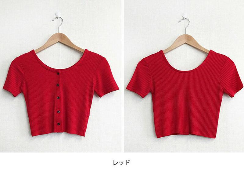 BRANDI(ブランディ)クロップ丈2wayボタンTシャツ【メール便】韓国 韓国ファッション クロップド丈 Uネック 2way Tシャツ インスタ インスタファッション SNSレディース ファッション【即納】 ★