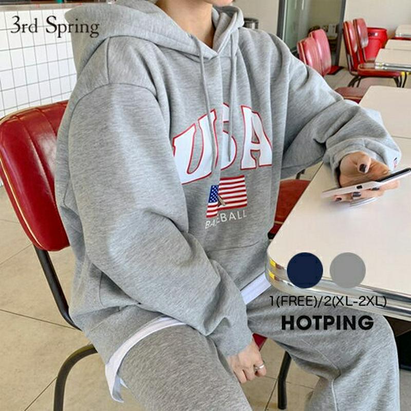 HOTPING(ホッピン)裏起毛USAフードプルオーバー【11/20up_ka】 オーバーサイズ ビック パーカー スウェット トレーナー グレー ネイビー 【5】