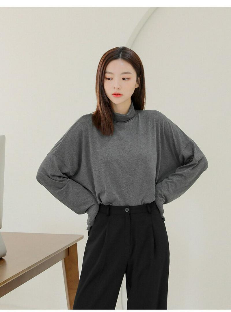HOTPING(ホッピン)レーヨン混タートルネックTシャツ【11/19up_ka】 タートルネック T トップス ハイネック ルーズT チャコール ブラック パープル Tシャツ 長袖 【5】