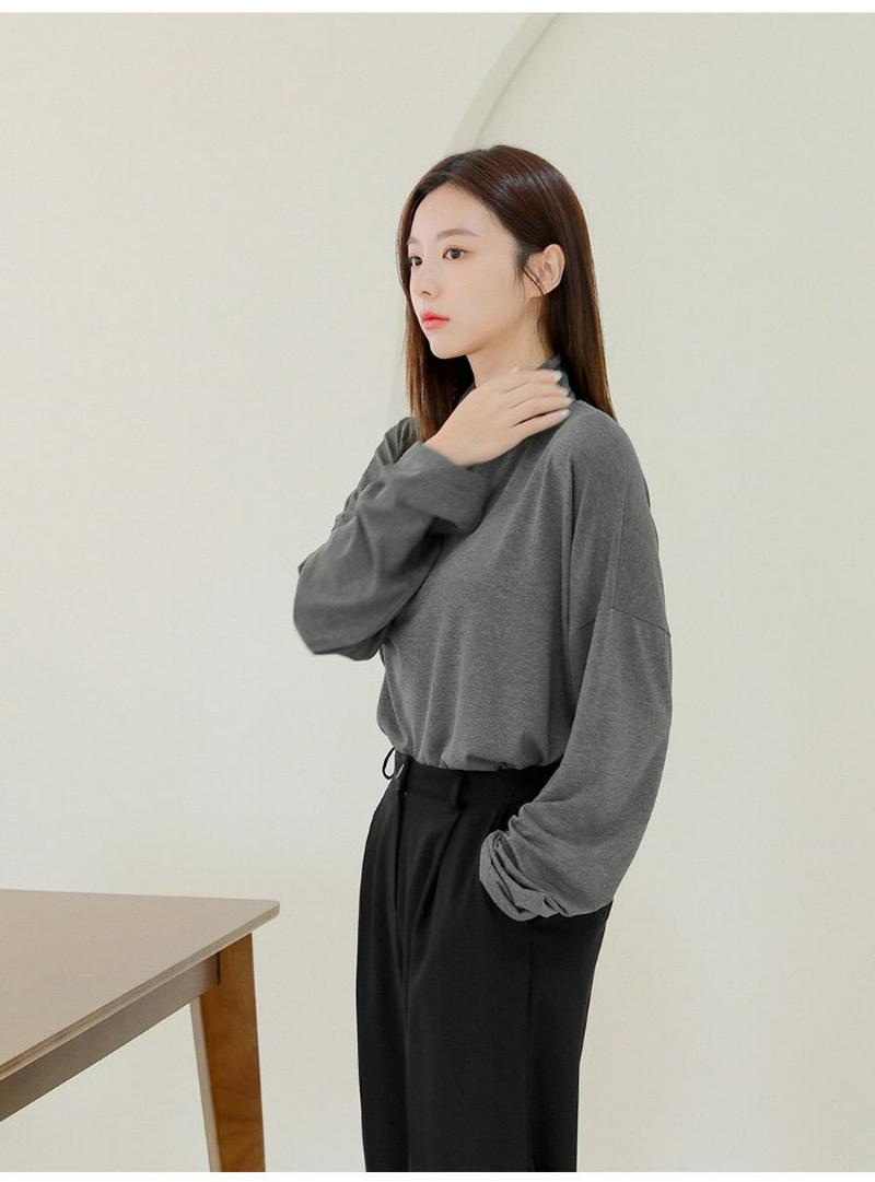HOTPING(ホッピン)レーヨン混タートルネックTシャツ【11/19up_ka】 タートルネック T トップス ハイネック ルーズT チャコール ブラック パープル Tシャツ 長袖 【5】