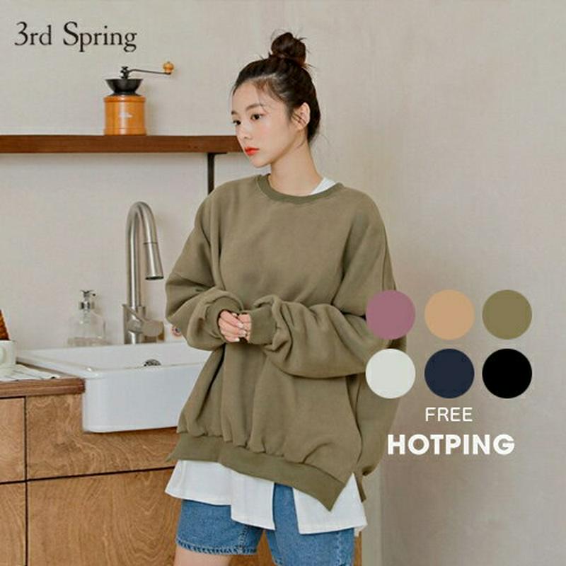 HOTPING(ホッピン)両起毛オーバーフィットプルオーバー【11/18up_ka】 トップス スウェット トレーナー 裏起毛 無地トレーナー オーバーサイズ スリット 【5】