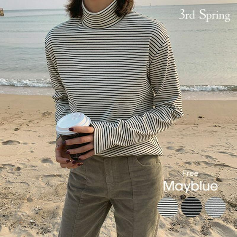 MAYBLUE(メイブルー)細ボーダータートルネックTシャツ【11/19up_go】ボーダー柄　ハイネック　モックネック　トップス　シンプ　ベーシック　【5】