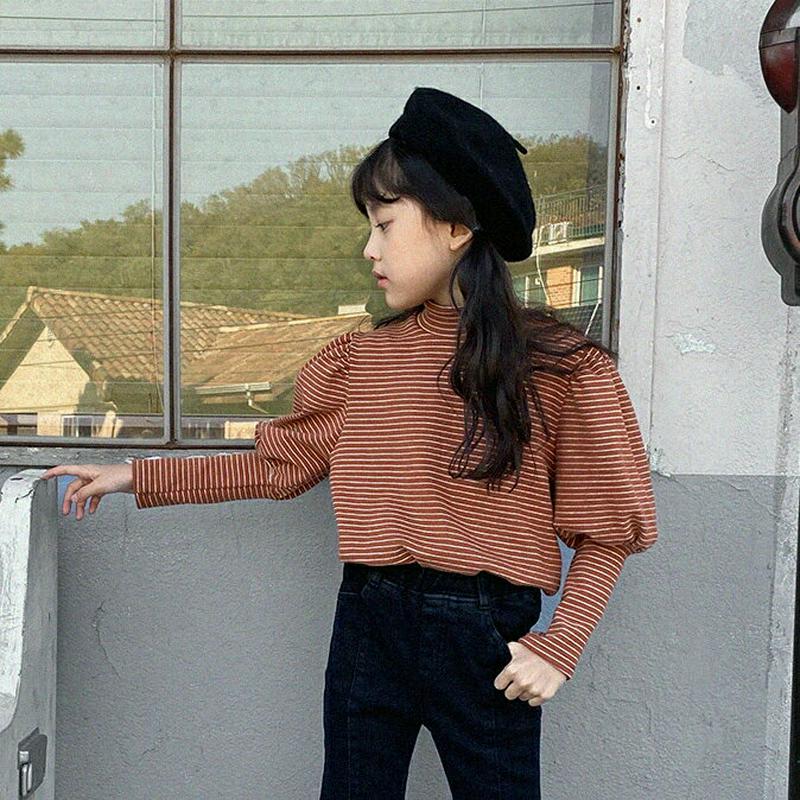 【キッズ20%OFF】パフスリーブボーダーTシャツ(junior)・u09218 キッズ【9~17才】【tops】【トップス Tシャツ 長袖 ボーダー 柄 カジュアル パフスリーブ ボリューム袖 ラフ 女の子 男の子 秋 冬 韓国 韓国子供服 子供 こども 子供服 こども服】【KIDS】