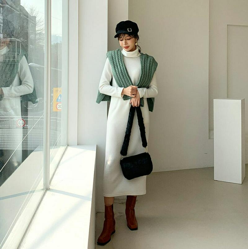 【只今10%OFF】タートルネックワンピース・全2色・b65285 レディース 【ops】【韓国 ファッション ワンピース ロング ハイネック 長袖 Hライン スリム 細身 無地 ソフト カジュアル 秋 冬】【ハイホリHIHOLLI】