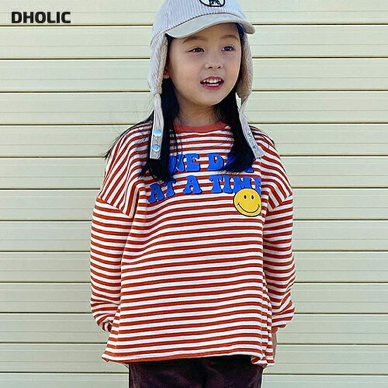 【キッズ20%OFF】スマイルボーダーTシャツ(kids)・u09211 キッズ【3~8才】【tops】【トップス Tシャツ 長袖 ボーダー 柄 スマイル カジュアル ロゴ ロンT ラフ 女の子 男の子 秋 冬 韓国 韓国子供服 子供 こども 子供服 こども服】【KIDS】