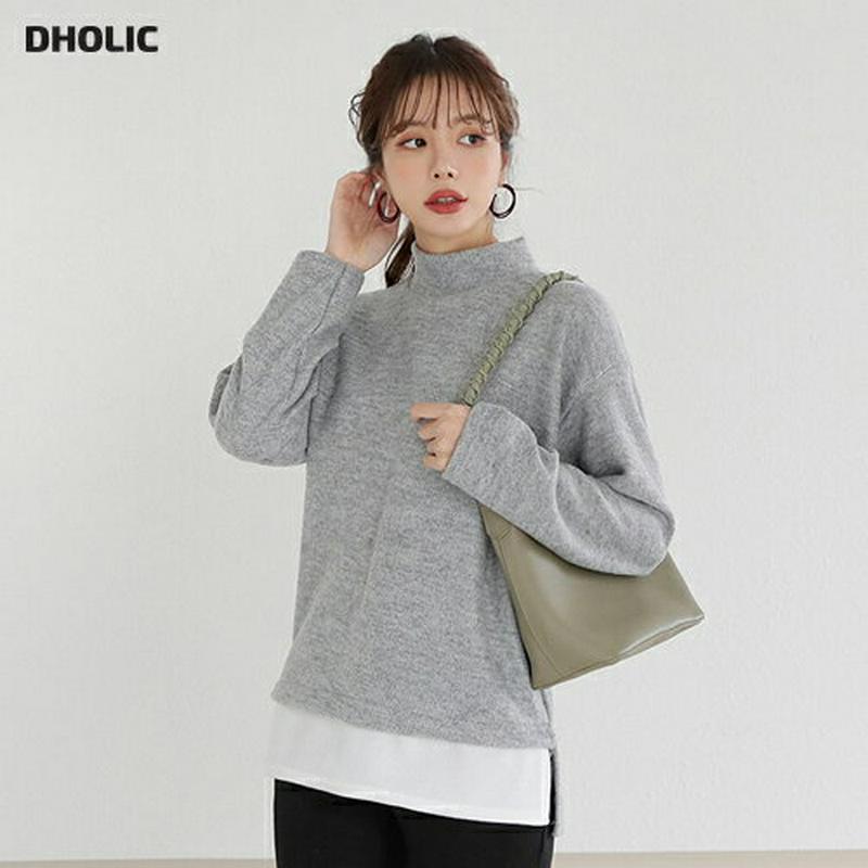 【新作10%OFF】配色ヘムニット・全4色・b65278 レディース 【tops】【韓国 ファッション トップス ニット ハーフネック モックネック 長袖 ルーズ ゆったり レイヤード風 カジュアル 秋 冬】【ハイホリHIHOLLI】