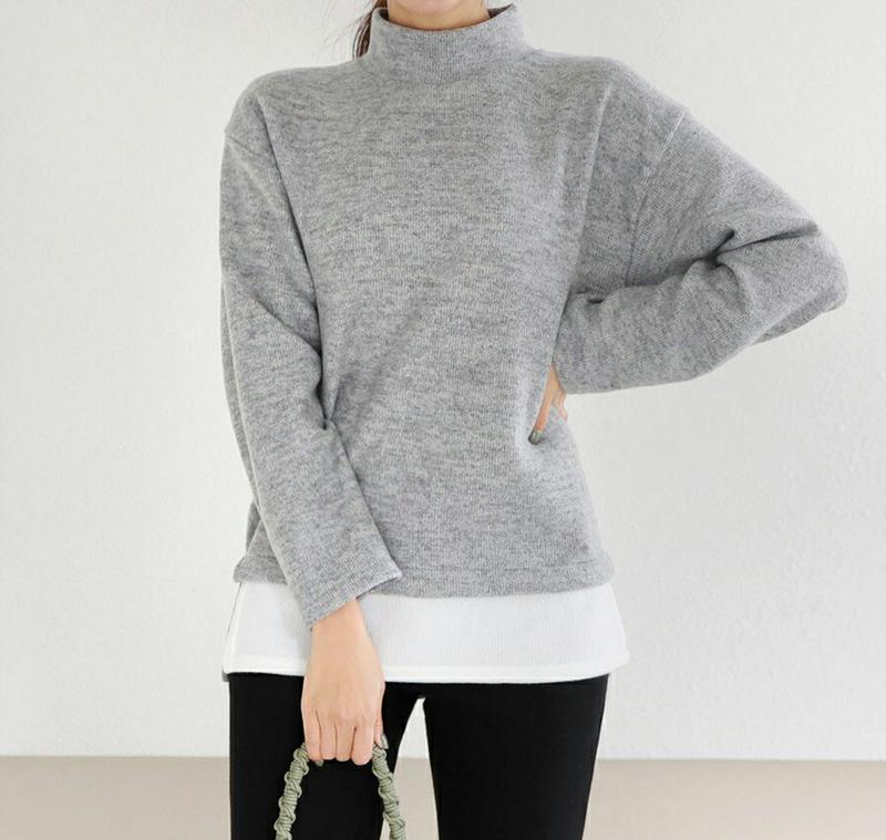 【新作10%OFF】配色ヘムニット・全4色・b65278 レディース 【tops】【韓国 ファッション トップス ニット ハーフネック モックネック 長袖 ルーズ ゆったり レイヤード風 カジュアル 秋 冬】【ハイホリHIHOLLI】