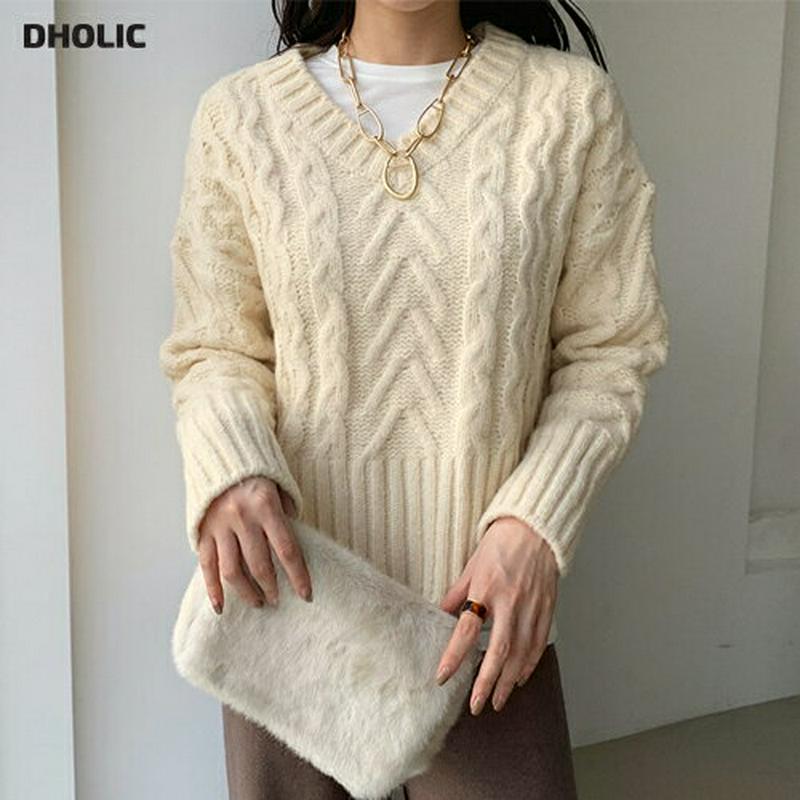 【新作10%OFF】ツイストVネックニット・全4色・t65274 レディース 【tops】【韓国 ファッション トップス ニット ツイストニット ケーブルニット 長袖 ルーズ 無地 カジュアル 秋 冬】【ハイホリHIHOLLI】