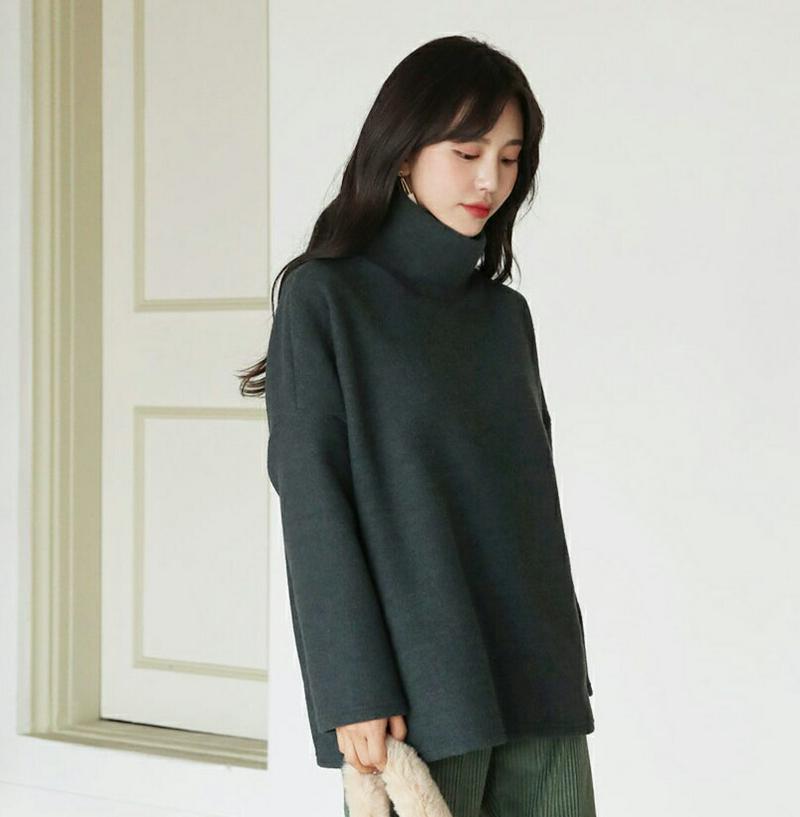 【新作10%OFF】起毛ルーズハイネックTシャツ・全4色・t61117 レディース【tops】【韓国 ファッション トップス Tシャツ ロングスリーブ 長袖 ドロップショルダー ハイネック 起毛 シンプル カジュアル ベーシック 単色 無地 ルーズ ゆったり ラフ 秋 冬】